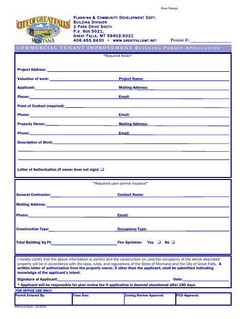 First page of the Commercial Tenant Improvement Building Permit Application