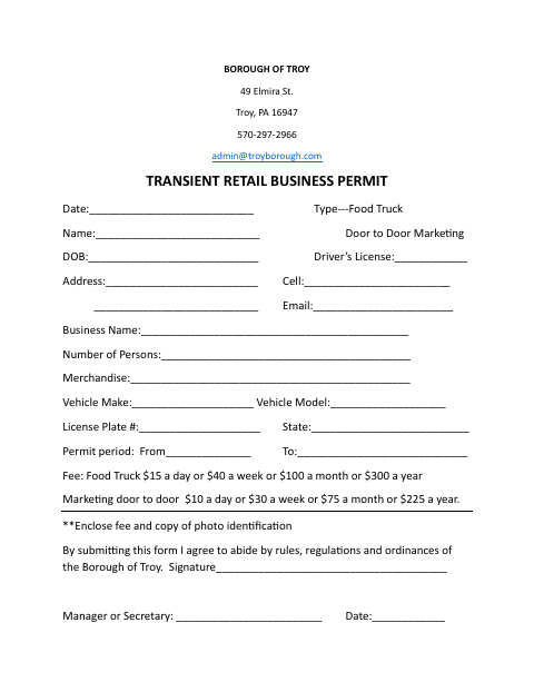 First page of the Transient Retail Business Permit Application