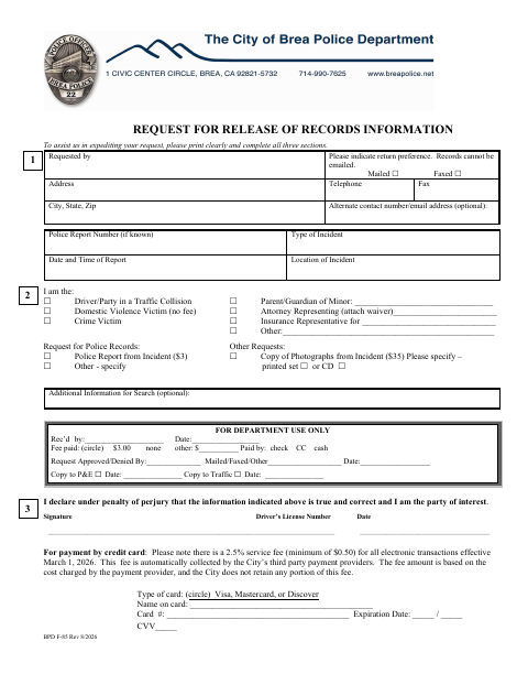 First page of the Request for Release of Records Information