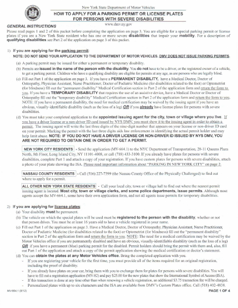 First page of the Application for a Parking Permit or License Plates for Persons with Severe Disabilities
