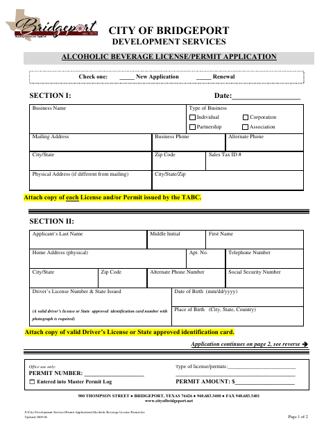 First page of the Alcoholic Beverage License/Permit Application