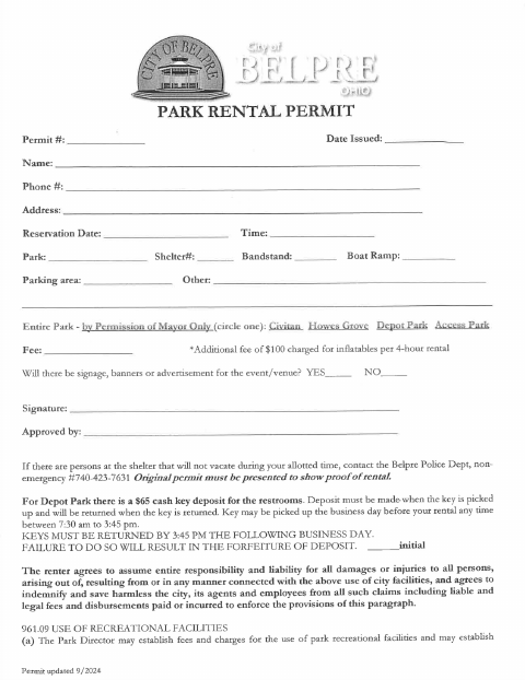 First page of the Park Rental Permit