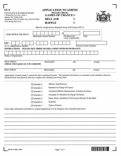 First page of the Application to Amend Games of Chance License