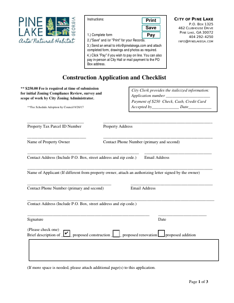 First page of the Construction Application and Checklist