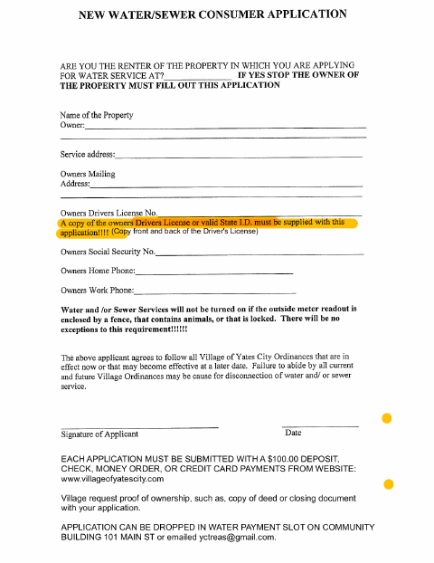 First page of the New Water/Sewer Consumer Application