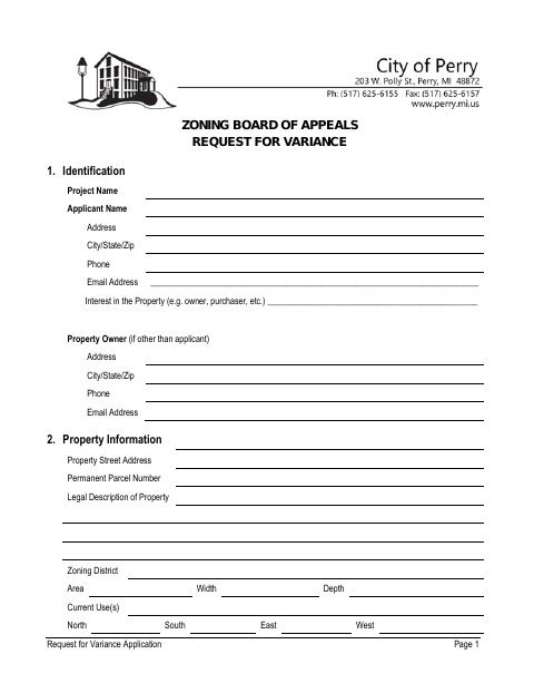 First page of the Zoning Board of Appeals Request for Variance