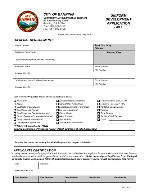 First page of the Uniform Development Application