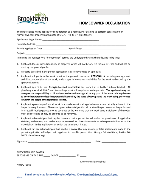First page of the Homeowner Declaration Affidavit