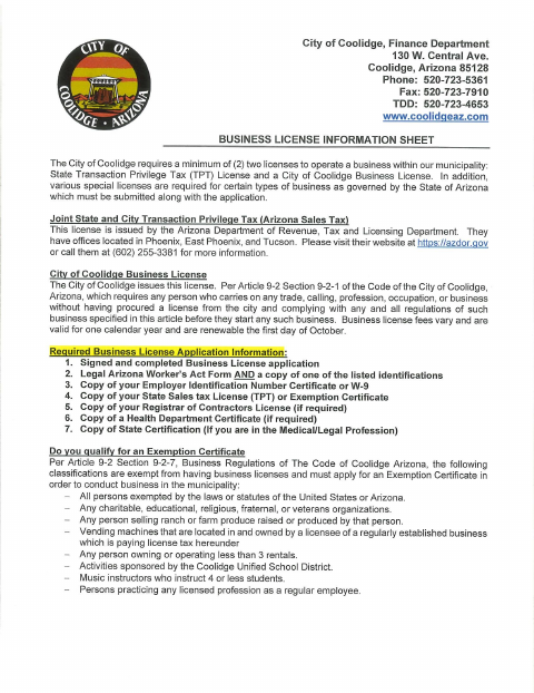 First page of the Business License Application