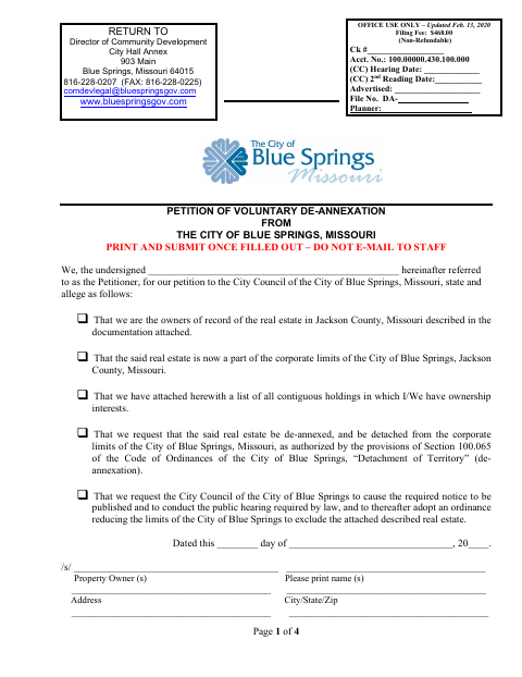 First page of the Petition of Voluntary De-Annexation
