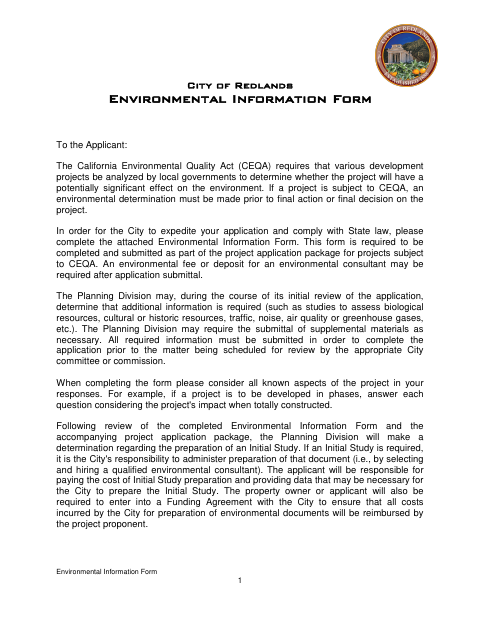 First page of the Environmental Information Form