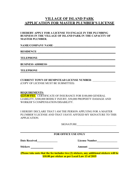 First page of the Application for Master Plumber’s License