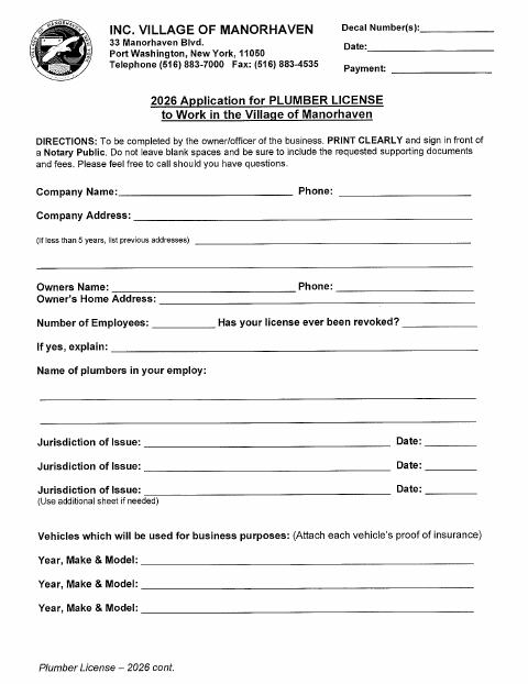 First page of the Plumber License Application