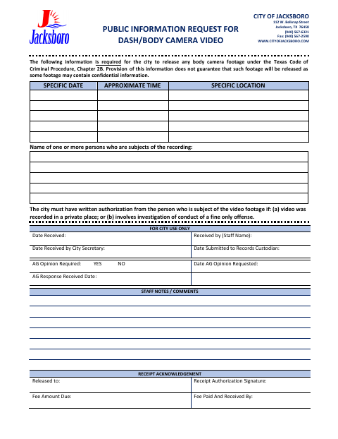 First page of the Public Information Request for Dash/Body Camera Video