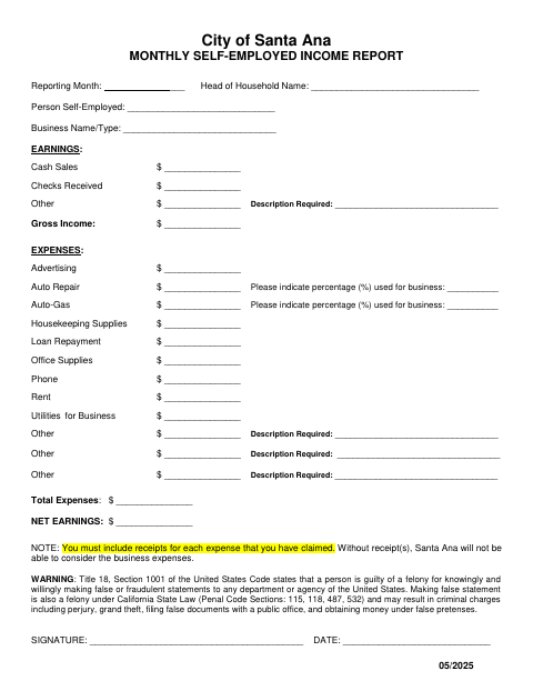 First page of the Monthly Self-Employed Income Report