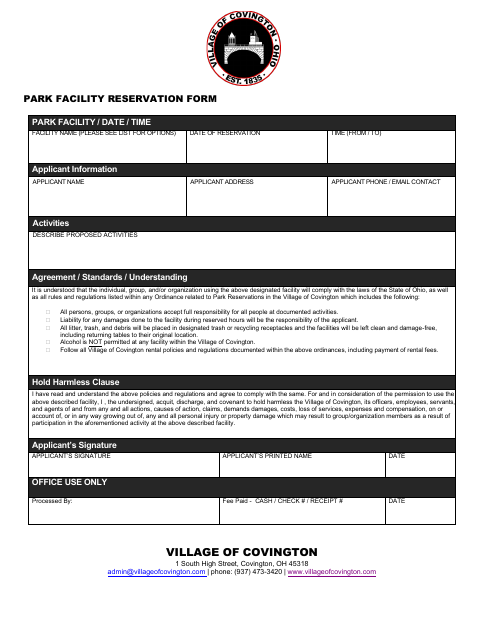 First page of the Park Facility Reservation Form