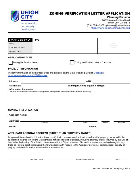 First page of the Zoning Verification Letter Application