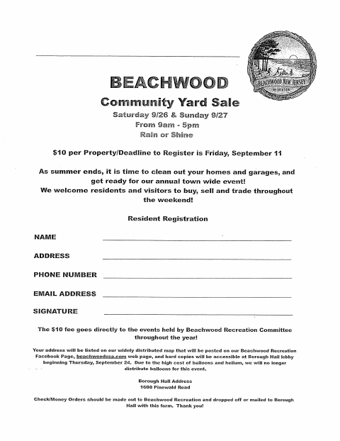 First page of the 2026 Community Yard Sale Registration Form