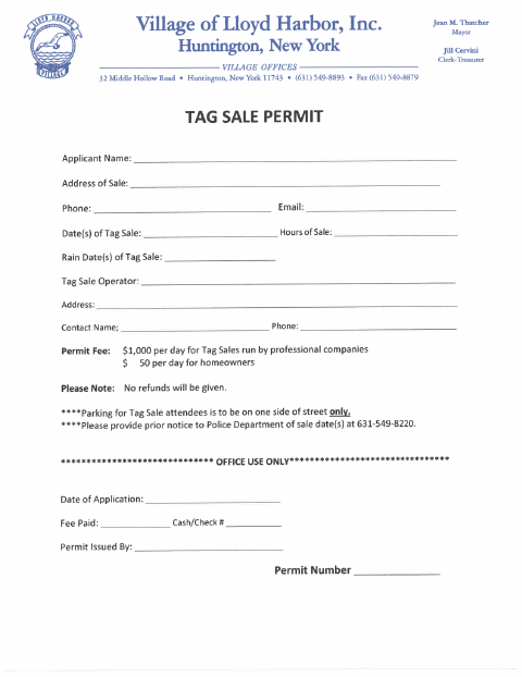 First page of the Tag Sale Permit