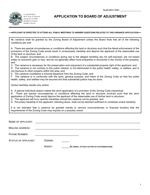 First page of the Application to Board of Adjustment