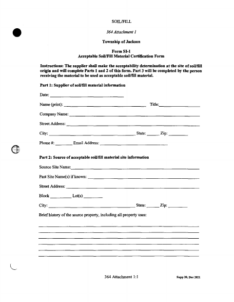 First page of the Soil/Fill Material Certification Form