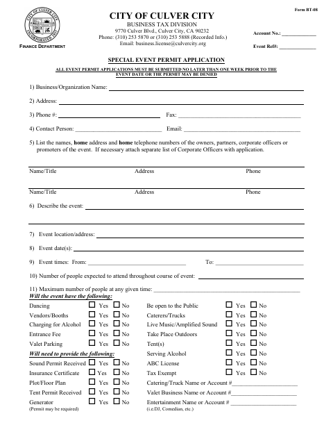 First page of the Special Event Permit Application