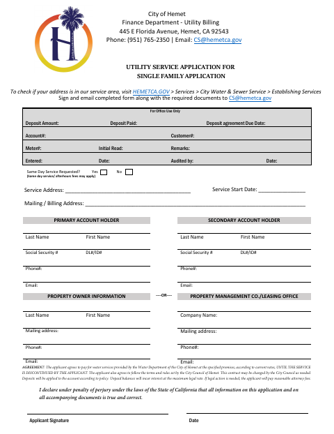 First page of the Utility Service Application for Single Family