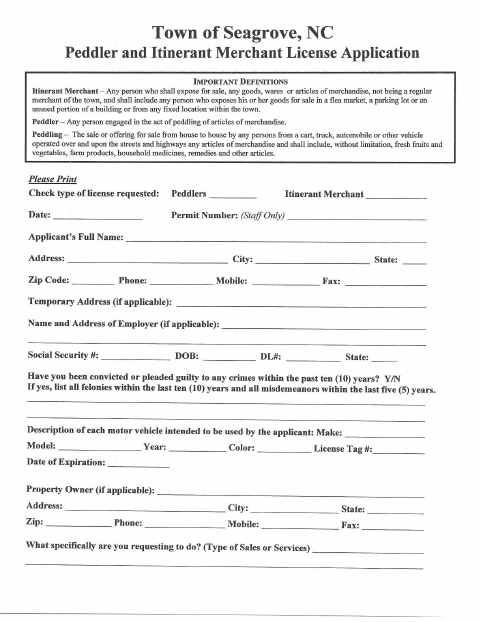 First page of the Peddler and Itinerant Merchant License Application