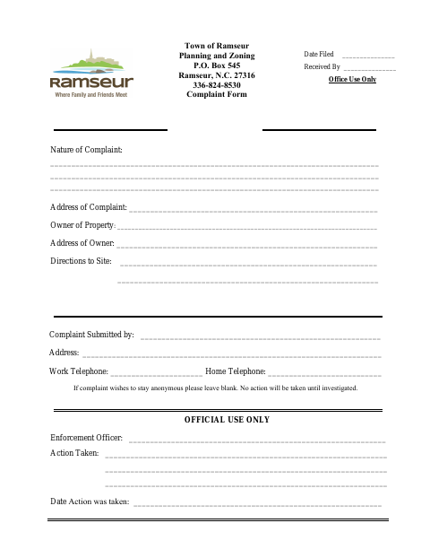 First page of the Planning and Zoning Complaint Form