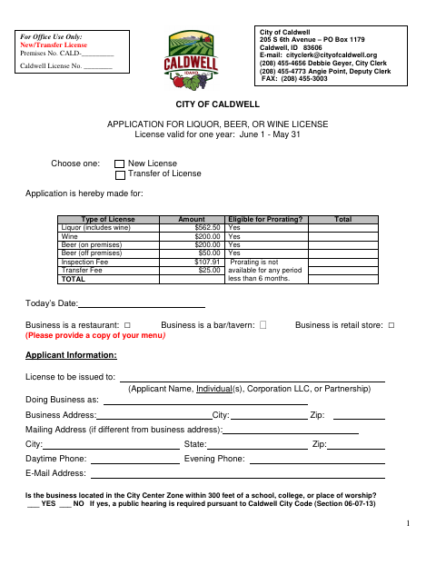 First page of the Liquor, Beer, or Wine License Application