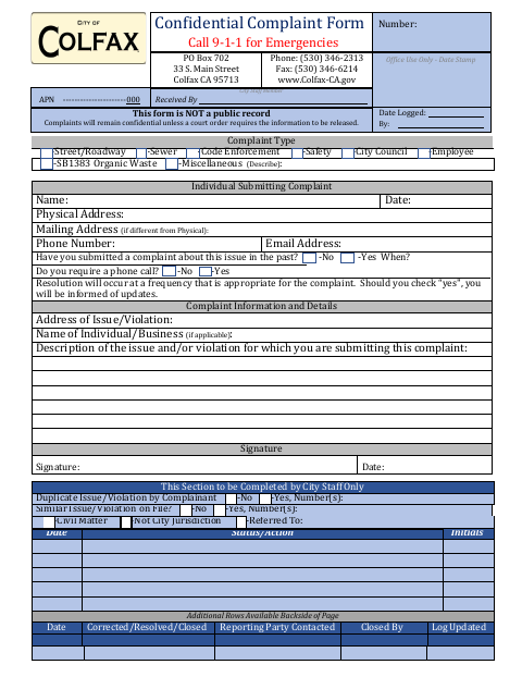 First page of the Confidential Complaint Form