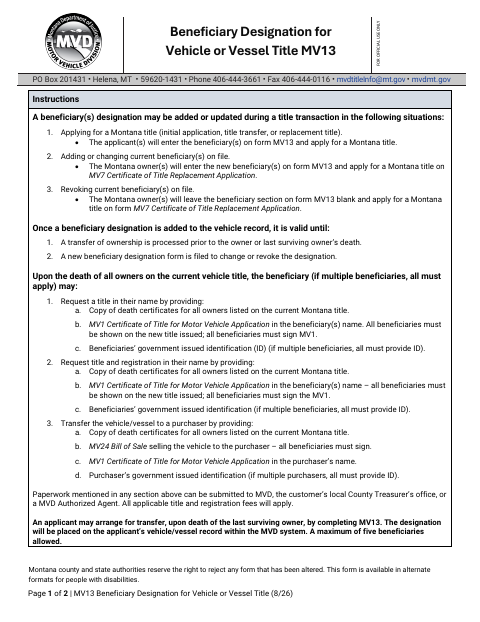 First page of the Montana Vehicle or Vessel Beneficiary Designation (MV13)