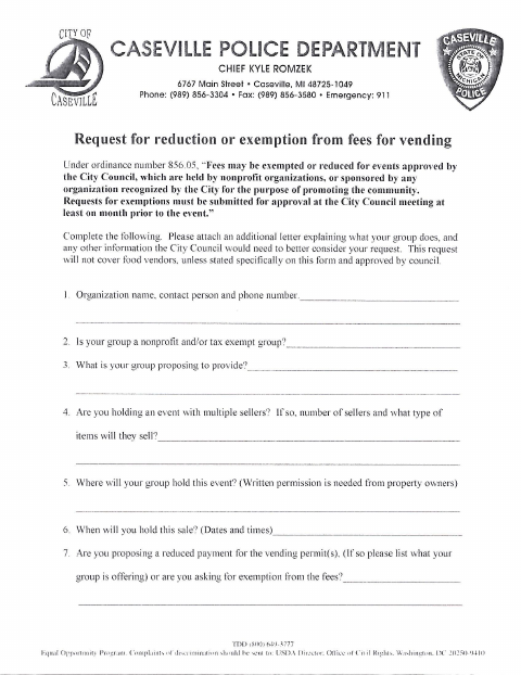 First page of the Request for Reduction or Exemption From Vending Fees