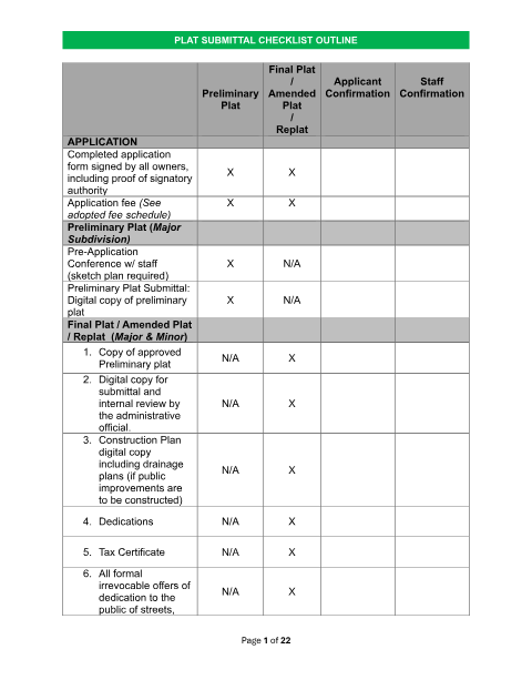 First page of the Plat Submittal Checklist