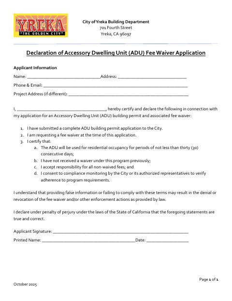 First page of the Declaration of Accessory Dwelling Unit (ADU) Fee Waiver