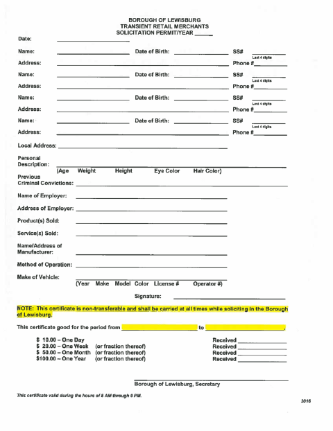 First page of the Transient Retail Merchant Solicitation Permit