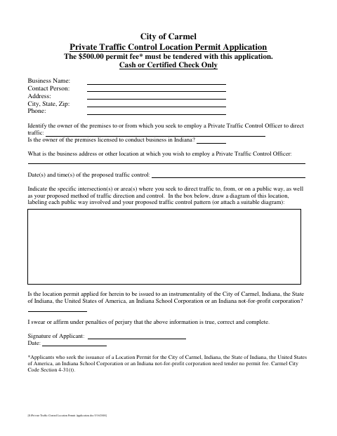 First page of the Private Traffic Control Location Permit Application