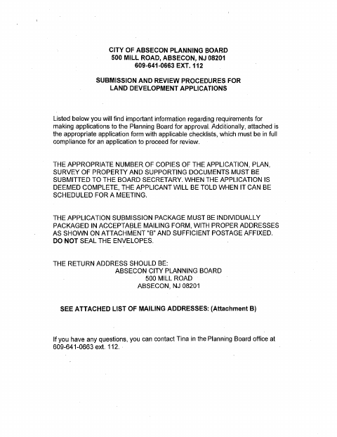 First page of the Planning Board Land Development Application