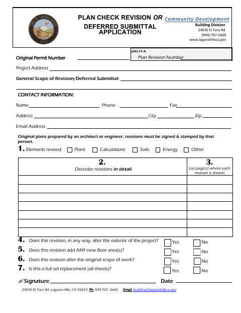 First page of the Plan Check Revision or Deferred Submittal Application