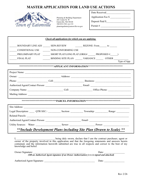 First page of the Master Application for Land Use Actions