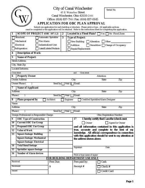 First page of the Application for OBC Plan Approval