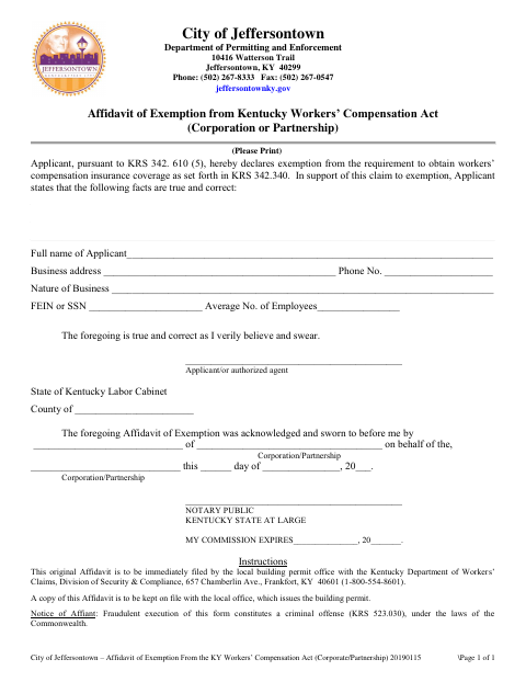 First page of the Workers’ Compensation Act Exemption Affidavit (Corporation or Partnership)