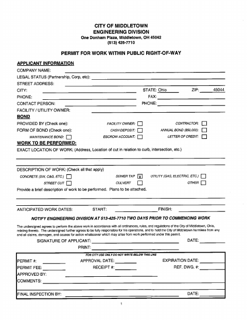 First page of the Right-of-Way Permit Application