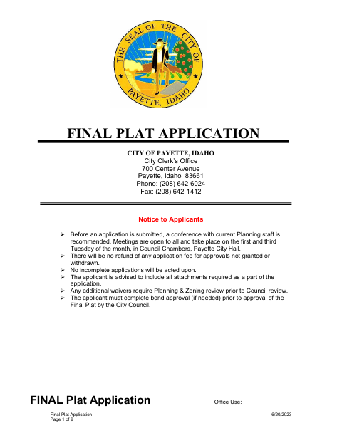 First page of the Final Plat Application
