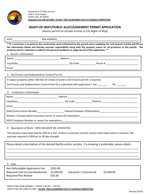 First page of the Right-Of-Way/Public Alley/Easement Permit Application