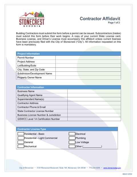 First page of the Contractor Affidavit