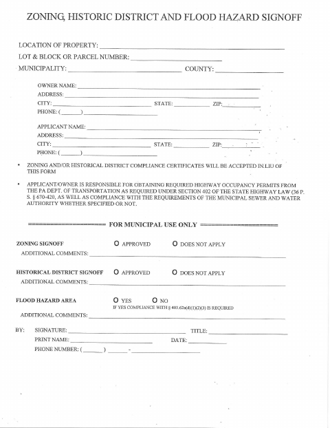 First page of the Zoning, Historic District and Flood Hazard Signoff