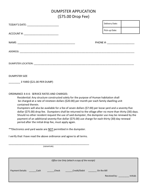 First page of the Dumpster Application
