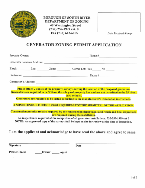 First page of the Generator Zoning Permit Application