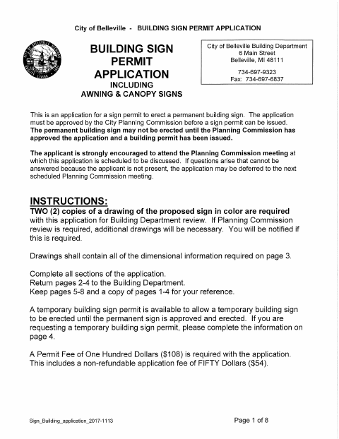 First page of the Building Sign Permit Application